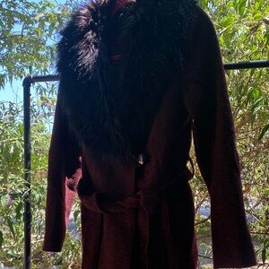 H&M Burgundy Coat with Black Faux Fur Collar